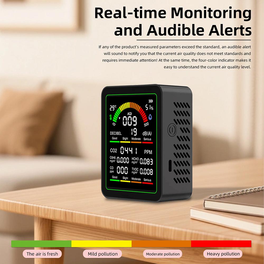 9-in-1 Air Quality Detector CO2 Monitor co, hcho, tvoc, c6h6, aqi, noise Level Detector Formaldehyde Temperature Humidity Meter