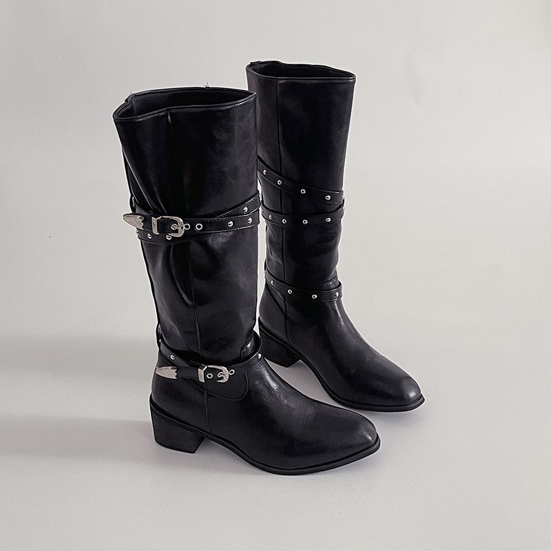 

Зимняя пряжка ремня Женские рыцарские высокие сапоги Элегантная обувь на толстом каблуке Женские винтажные сапожки с квадратным носком Слим Длинные сапожки Zapatos De Muje 39 чёрный