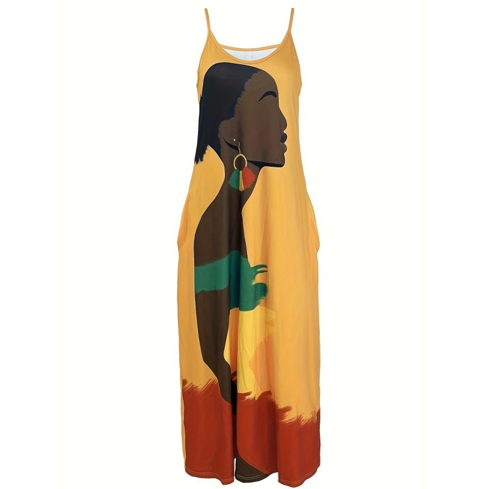 Women's Summer V Neck Strap Loose Long Printed Plus Size Dress