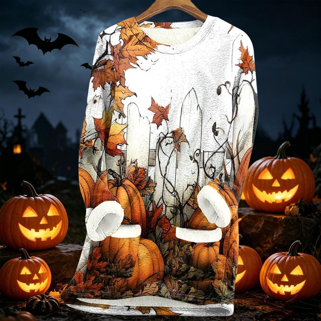 Womens Long Sleeve Fleece Lined Pullover Dress Halloween Pumpkin Print Thick Sherpa Sweatshirt Tunic for Fall Winter