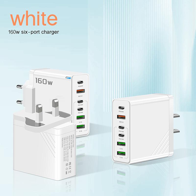 160W 6-Port Fast Charging Usb Type C Quick Charge Pd Qc3.0 Wall Charger Adapter For Iphone Xiaomi Samsung Huawei Phone Charger