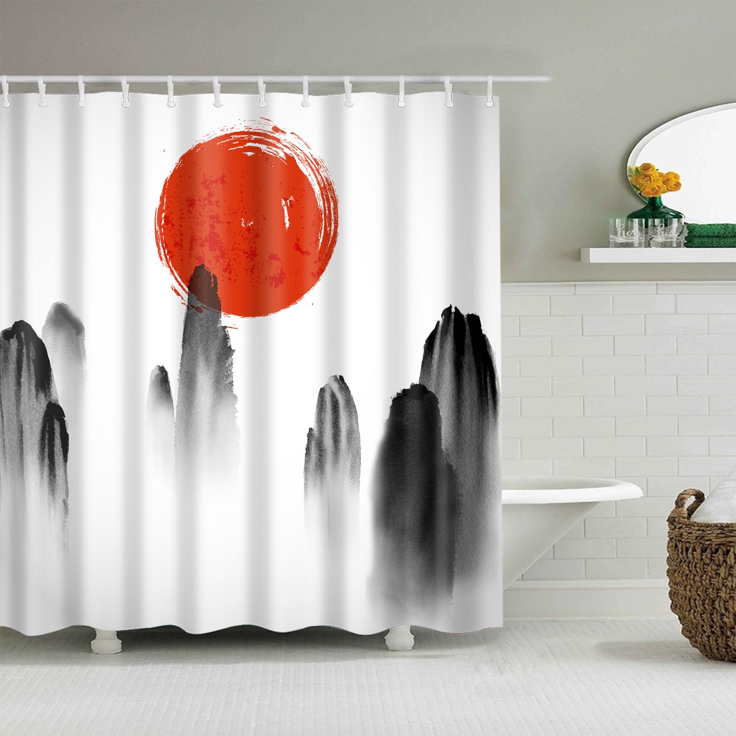 

High Quality Sunny Beach Printed Shower Curtains Sea Mountain Scenery Bath Screen Waterproof Bathroom Curtains with 12 Hooks 90X180CM