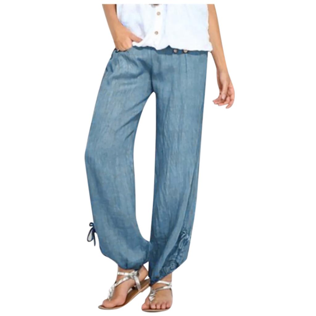 Fashion Women Solid Buttons Cotton And Linen Casual Loose Trouser Wide Leg Pants