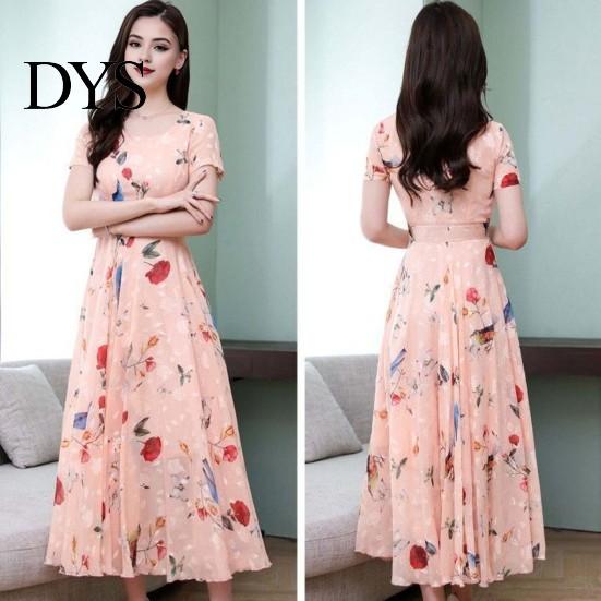 Lightweight Printed Dress Women Party A-line Big Swing Ice Silk O Neck Summer Short Sleeves High Waist Mid-calf Length Prom Dating Midi