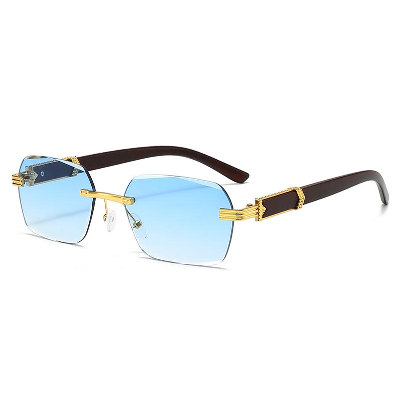 Trendy Frameless Sunglasses with Wood Grain Legs - European and American Irregular Square Design