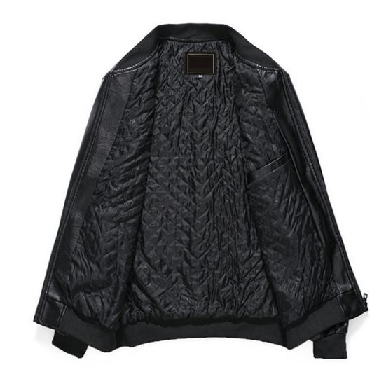 Men Coat Solid Color Stand Collar Windproof Faux Leather Thicken Plush Lining Zipper Jacket Streetwear