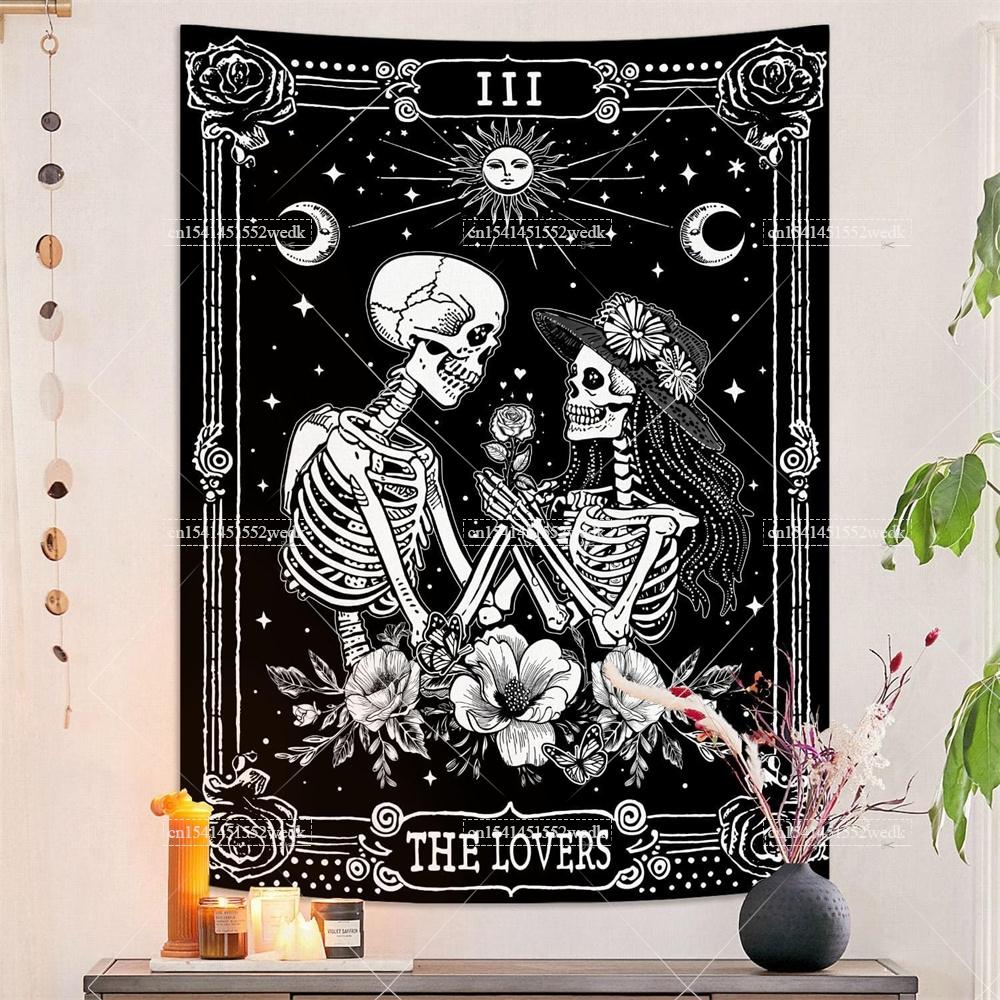 Vintage Der Liebende Wandbehang Wandteppich Skelett Blumen Tarotkarte Wandteppich Astrologie Ästhetik Zimmer Dekorative Party Hintergründe