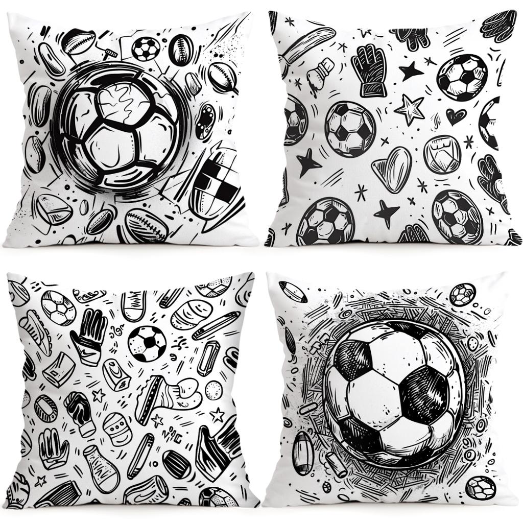Black And White Football Doodle Cushions Pillowcase Polyester Cushion Cover Throw Pillow Pillowcover Home Car Sofa Decor