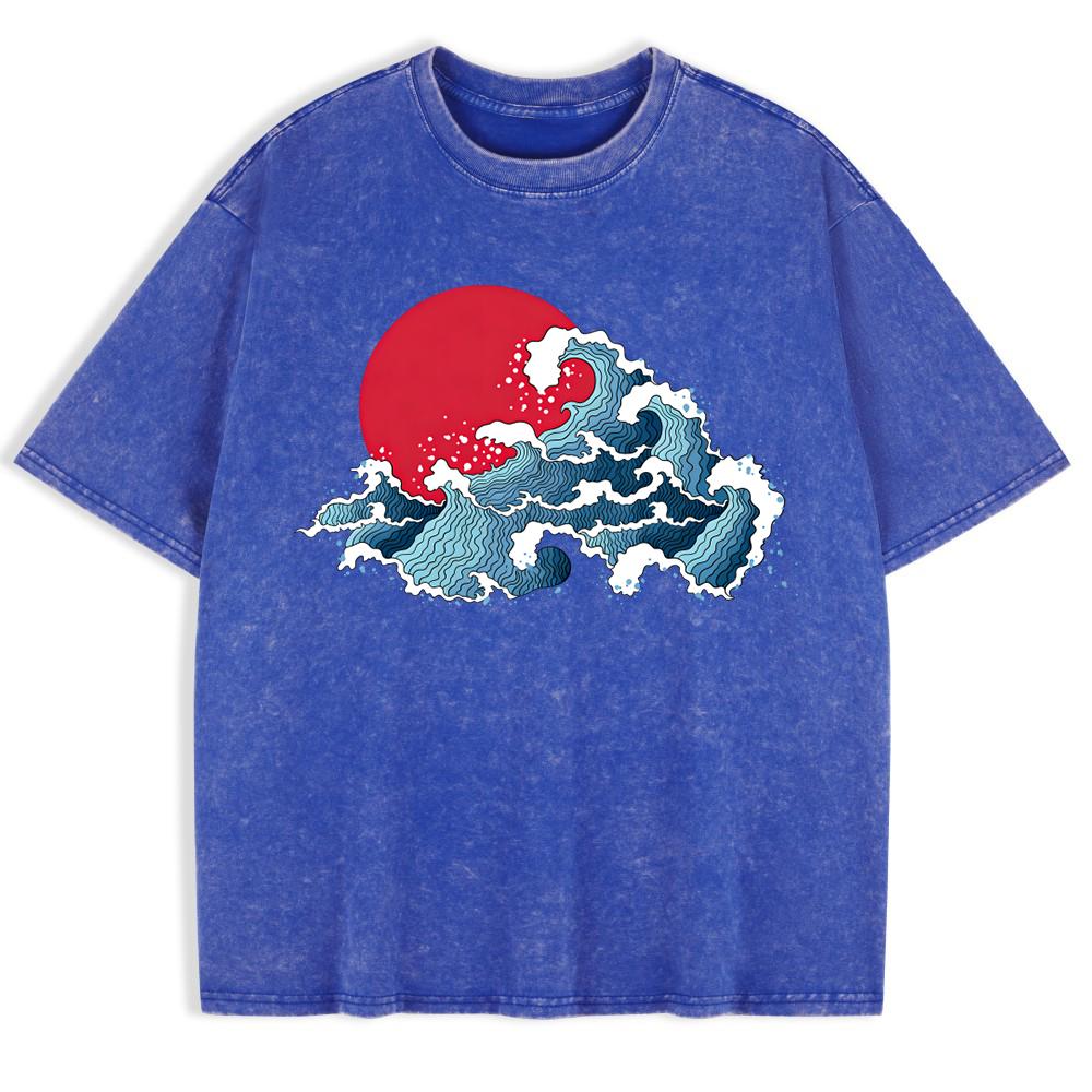 Japanska Harajuku Vågmönster Tvättade T-shirts Herr Bomull Överdimensionerad T-shirt Sommar Rund Hals Kortärmade Toppar Mjuka Kläder