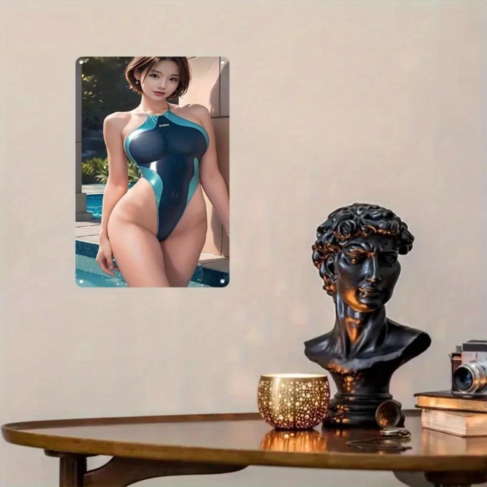 Vintage Metal Wall Art Blue Bikini Summer Pool Retro Decor 8x12 Inch