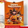 Halloween Girl Wore A Witch's Hat And Held Pumpkin Throw Blanket Lightweight Soft Flannel Blanket Suitable Custom Blankets