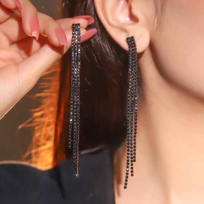 Full Diamond Black Long Fringed Earrings Rhinestone Earrings Diamond Earrings Pendant