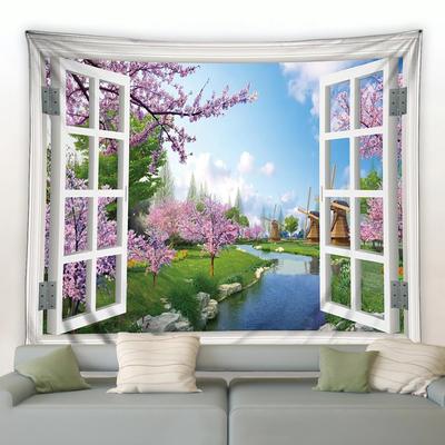 Spring Park Landscape Tapestry Green Grass River Flowers Ocean Palm Trees Nature Scenery Home Garden Decor Wall Hanging Cloth
