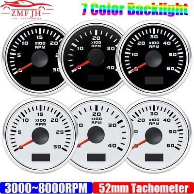 7 Color Backlight 2" 52mm Tachometer Waterproof IP67 Tacho Gauge 3000/4000/6000/7000/8000 RPM Tacho for Marine Car 12V24V