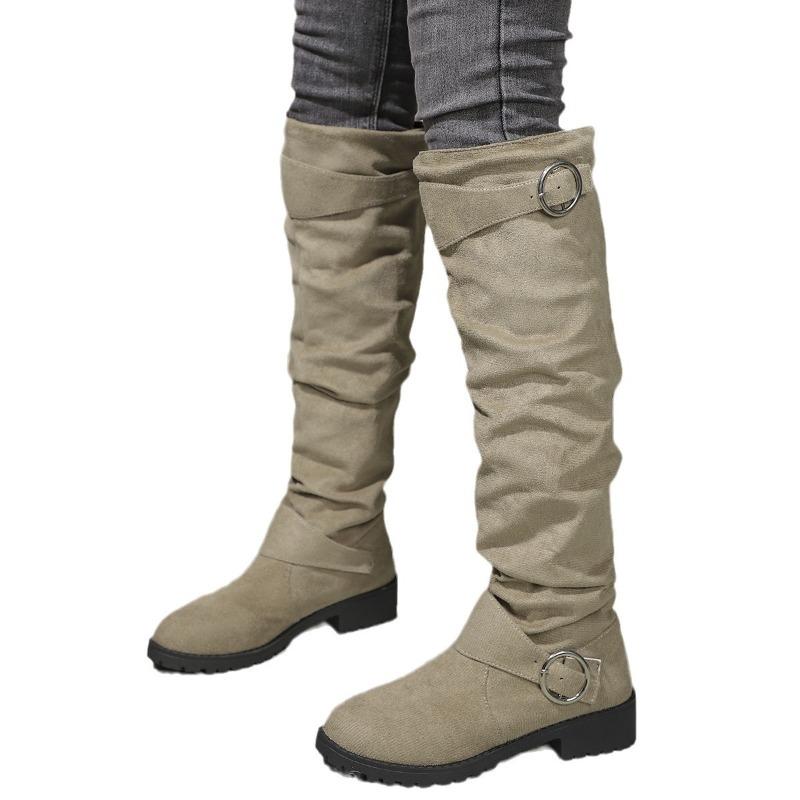 Women's Fashion Belt Buckle Knee-High Long Boots Comfort Round Toe 3.5cm Middle Heels Pleated Outdoor Boots Casual Women Shoes