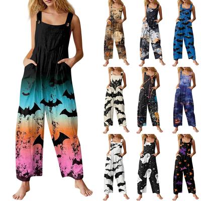 Damenmode Halloween-Print Lässiger Vintage Ärmelloser Knopf-Jumpsuit