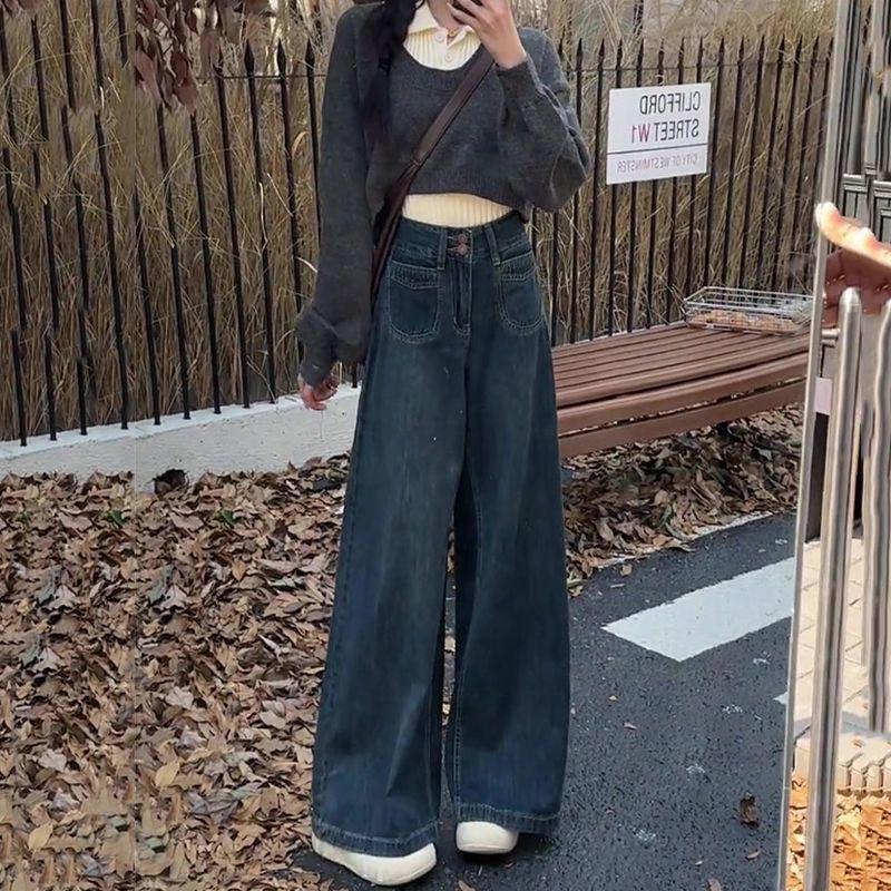 

2025 Ретро Джинсы с высокой посадкой на флисовой подкладке с широкими штанинами для женщин - Стиль острой девчонки, Коллекция осень/зима XL (118-135 cm)