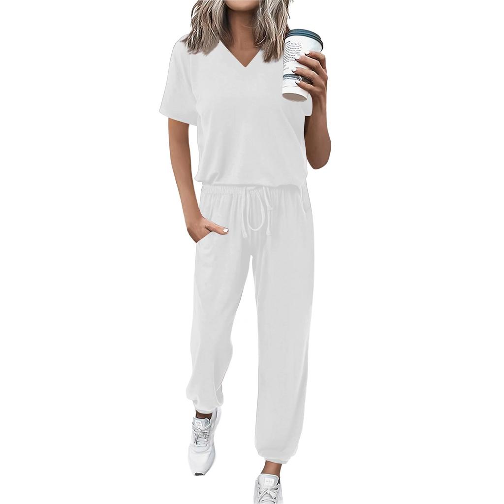 Women's Jogging Fashion V-Neck Color Short Sleeve Belt Loose Pants Tracksuit