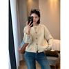 Koreaanse versie van eenvoudige en losse casual veelzijdige knoop trui vest dames retro geplooide schouder mouwen gebreide jas herfst en winter