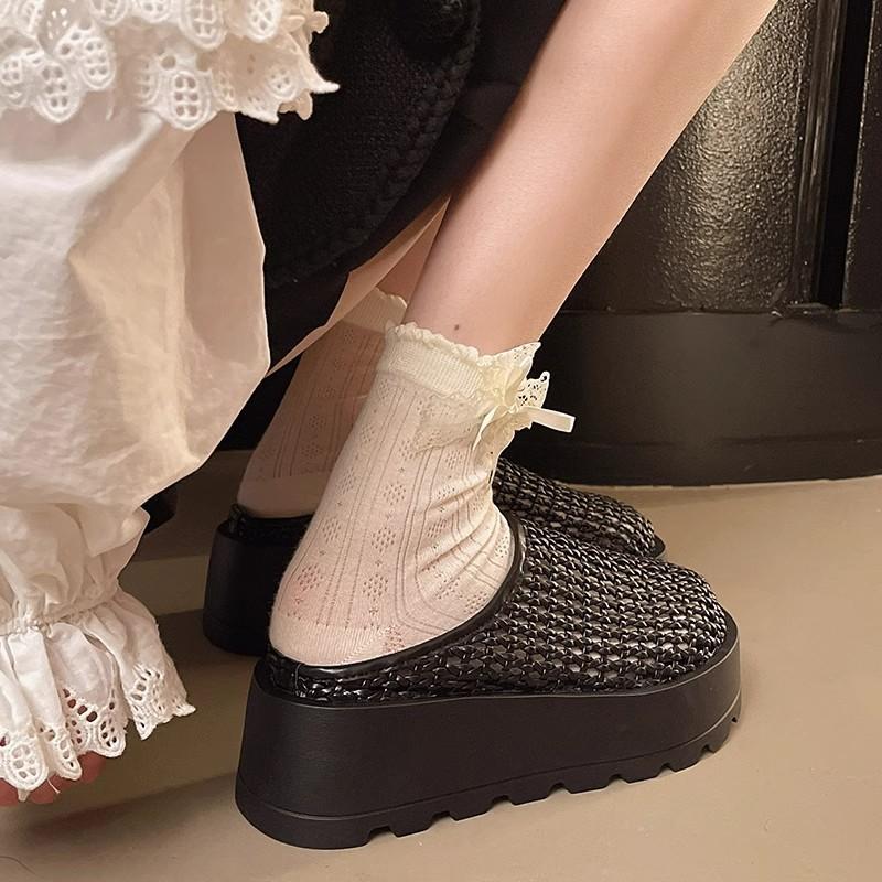 Hollow woven bag head half slippers women's summer wear 2025 new small height increase thick bottom casual cool slippers