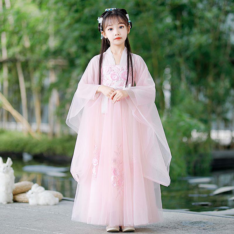 White Girls' Hanfu: New Style Ancient Chinese Fairy Dress with Flowing Guzheng Skirt for Children