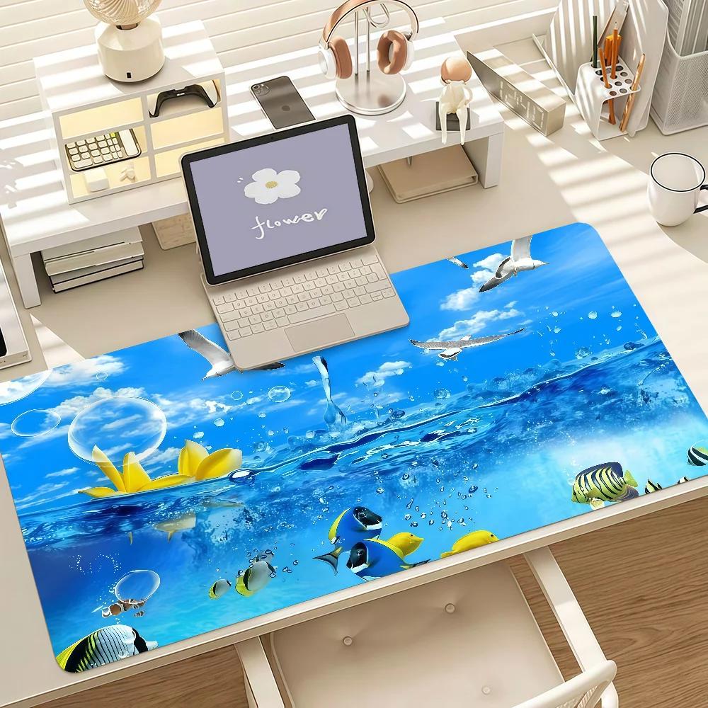 Gaming Mouse Pad Large Mat AntiSlip Stitched Edges Blue Sea Dolphin Rainbow Print Keyboard Pad For Gaming Home