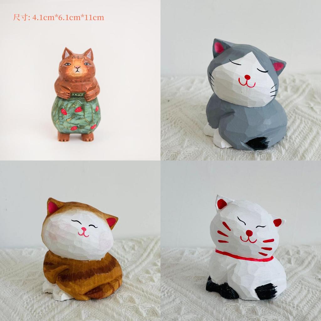 Wooden Cat Figurine Decor Handmade Gift For Cat Lovers Home Office Display
