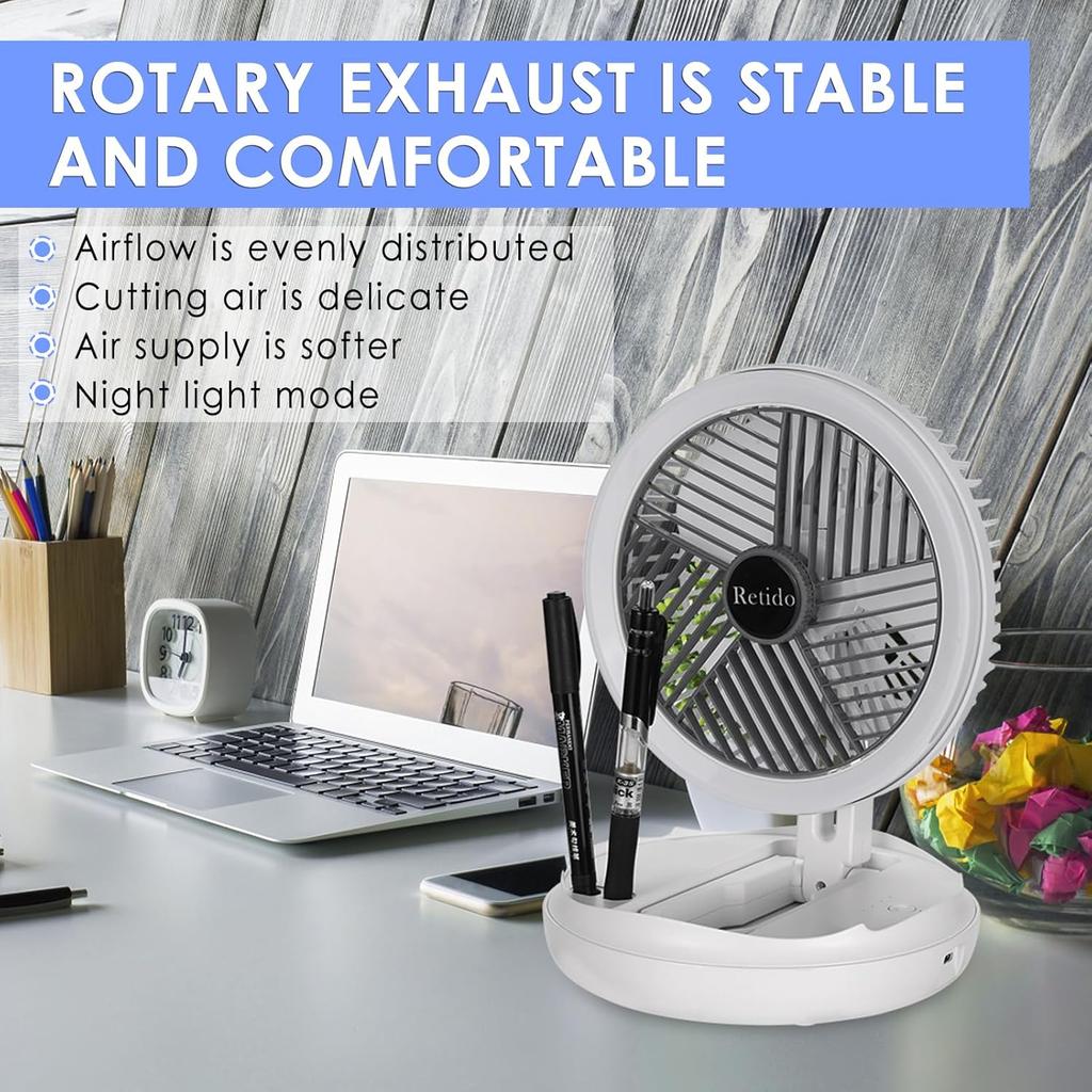Rechargeable Portable Fan 7 inch USB Small Desk Fan Foldable with LED Light 4 Wind Speeds and Hook Quiet Personal Traveling Fan for Bedroom Office RV