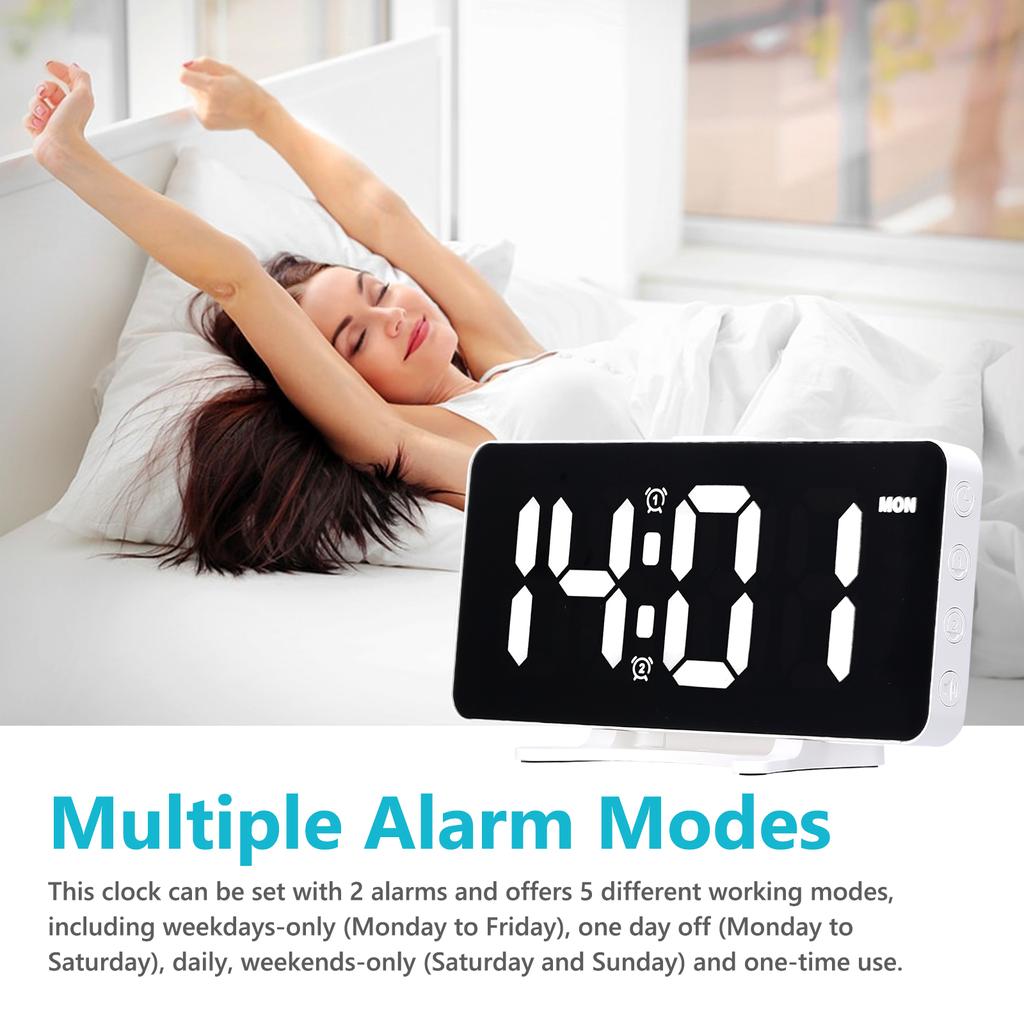 LED Digital Alarm Clock 6.7 Inch Mirror Surface Electronic Clock 12 24H Switchable with 2 Alarm Setting 4 Levels
