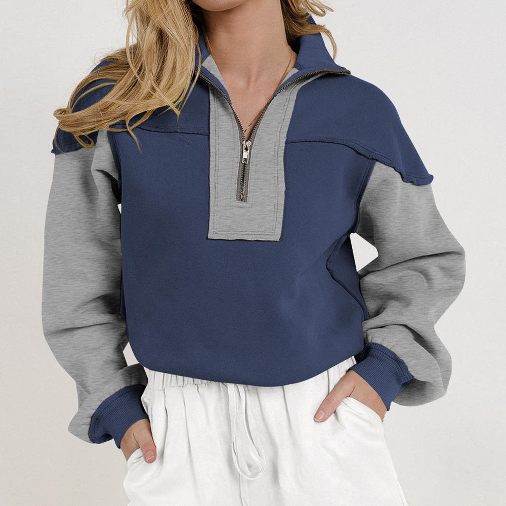 Design Sense Zipper Color-Block Loose Decorative Line Long Sleeve Autumn Winter Trendy Sweatshirt for Women S