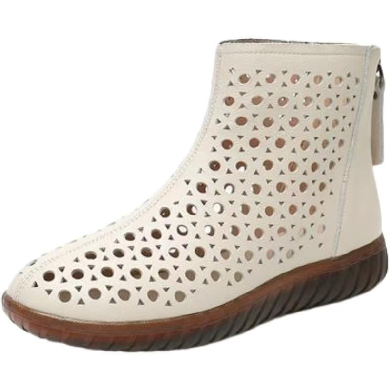Botines de Cuero Genuino para Mujer Calados de Talla Grande Primavera Verano Nuevos Suela Blanda Antideslizante Caña Alta Cremallera Suela Plana Bota Fresca