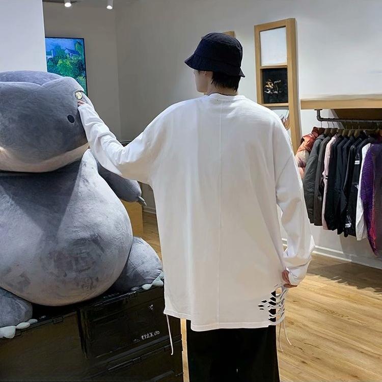 spring autumn oversized t-shirt for men harajuku solid hole T Shirt men's Pullover t-shirts long sleeve y2k Tops hip hop streetwear