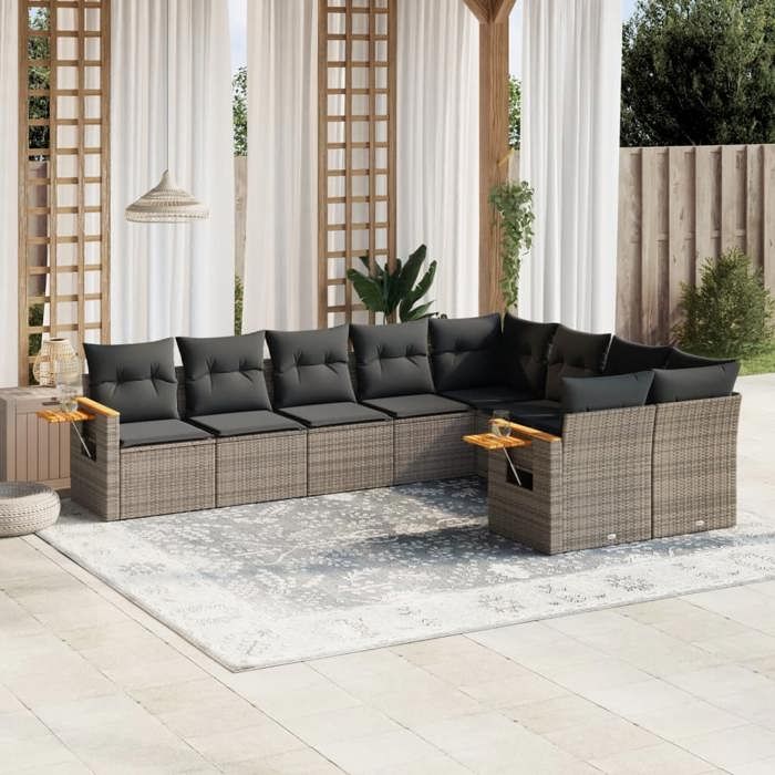 VidaXL Salon de Jardin avec Coussins 9 pcs, Canapés de Terrasse, Ensemble de Meubles de Patio, Mobilier d'Extérieur, Gris 3227145