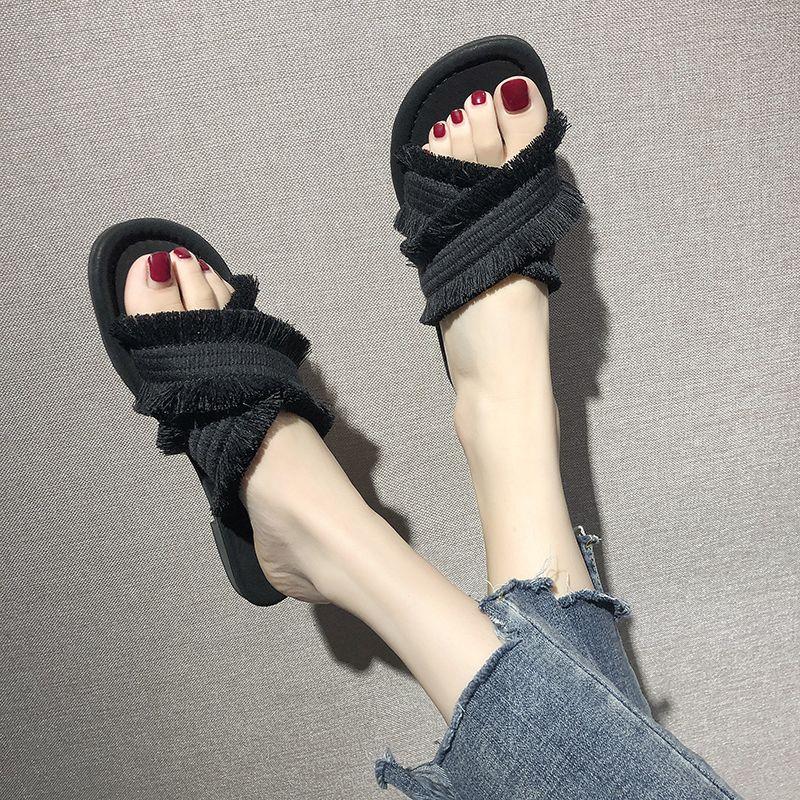 Slides Fuzzy Furry Women's Slippers and Ladies Black Sandals Flat Summer 2024 Vintage Feather Outside Shoes 39 on Offer Original