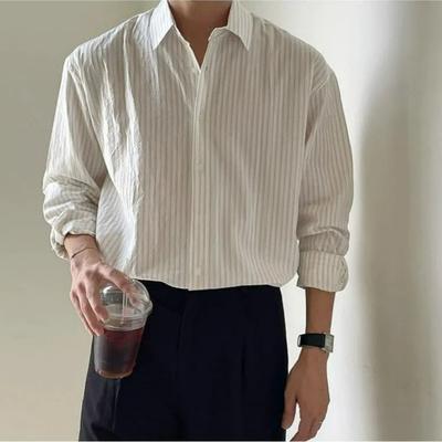 Herren Vintage Mode Japanischer Stil Gestreiftes Business Casual Hemd Frühling Sommer Revers Langarm Locker Oberteile Camisas De Hombre