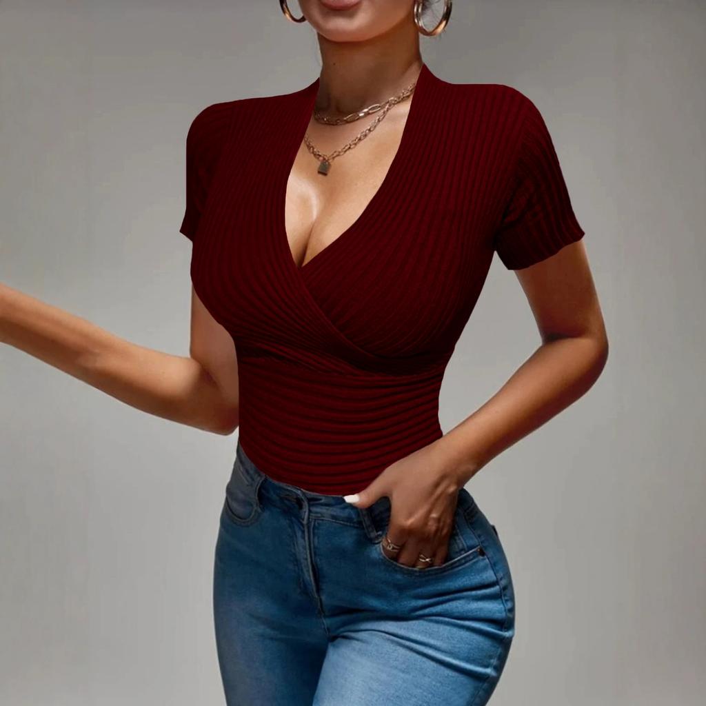 Women's Fitted V-Neck Ribbed Knit Top for Casual Everyday Wear
