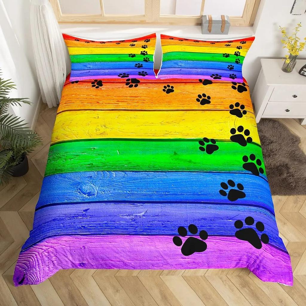 Dog Paw Print Duvet Cover Watercolor Gradient Puppy Footprints Comforter Cover with 2 Pillowcases,Funny Pets Animal Quilt Cover