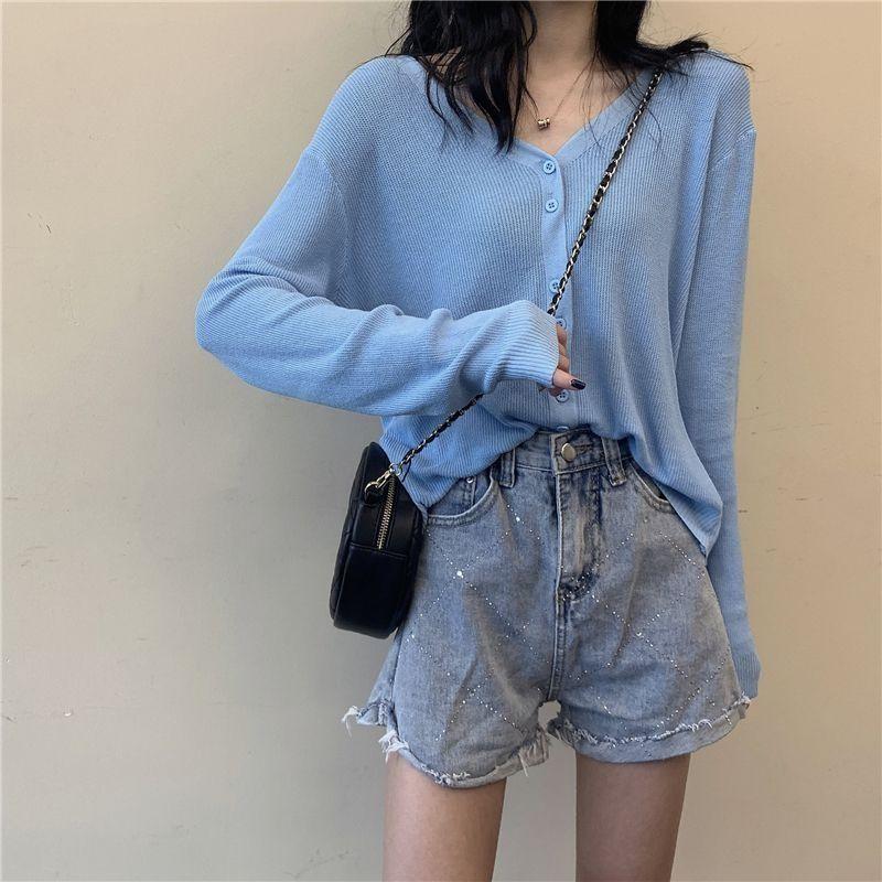 Damen Avocadogrün Strick-Cardigan Sommer Dünnes Off-Shoulder-Top Eisseide Klimaanlage Langarm Mantel