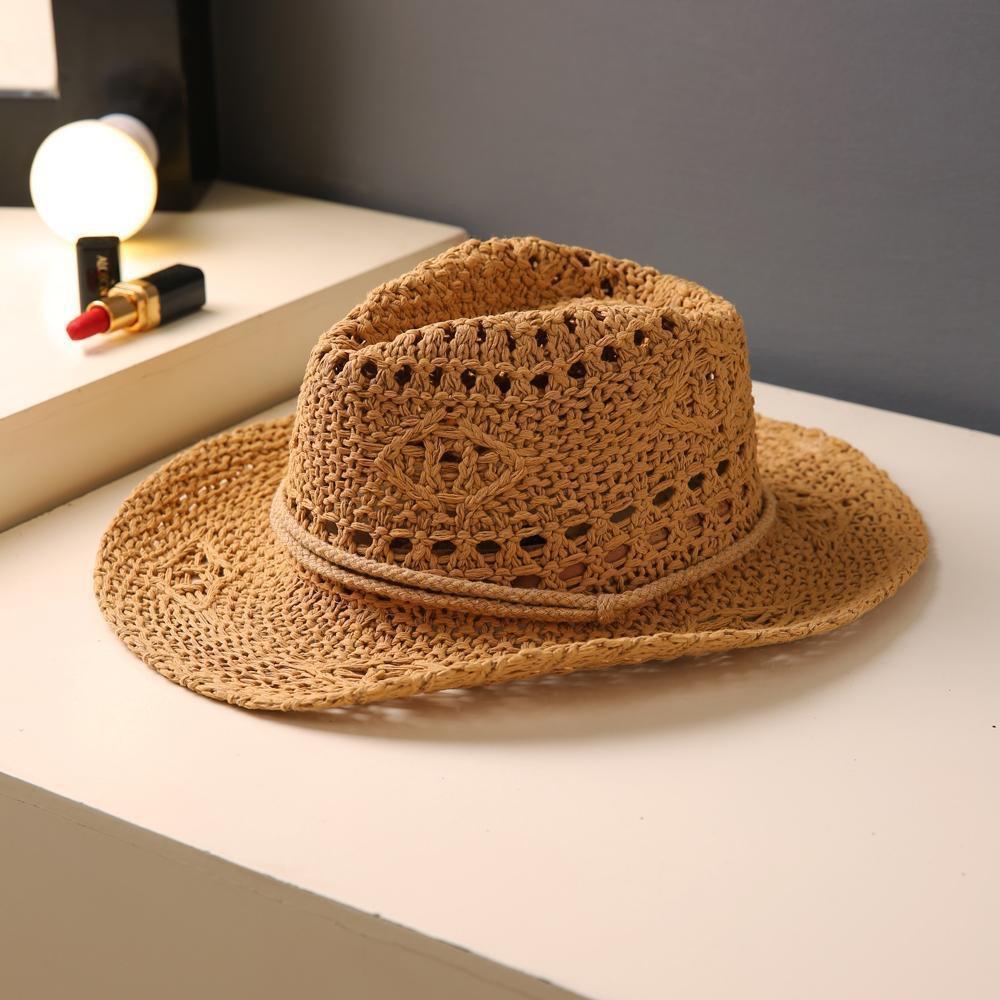 New Hand-woven Straw Hat Women's Hollow Spring and Summer Breathable Men's and Women's Couple Hats Sun Protection Western Cowboy Hat