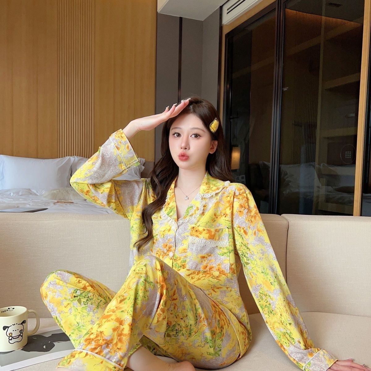 

Женский повседневный свободный пижамный комплект весна-осень с длинными рукавами пижамный костюм тонкий ледяной шелк роскошная домашняя одежда женская пижама для общежития 2XL