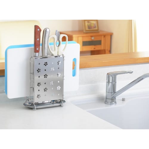 Yoshikawa Knife, Cutting Board, and Kitchen Scissors Stand, Cherry Blossom Design, Stainless Steel, 15.2 x 10.2 x 21.7 cm, Tsubame-Sanjo, Made in Japa