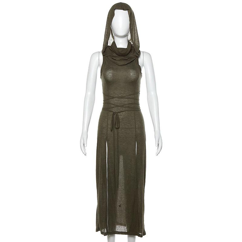 2024 Autumn Women s Fashion: Backless Hooded Sleeveless Slit Dress S армия зеленый