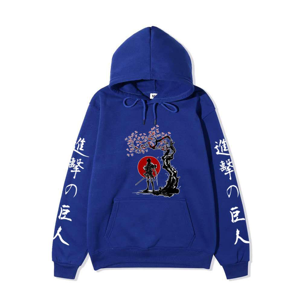 Attack On Titan Samurai Sakura Sun Design Unisex Fleece Hoodie Vertical Japanese Kanji Sleeve Anime Long Sleeve Pullover Sweatshirt