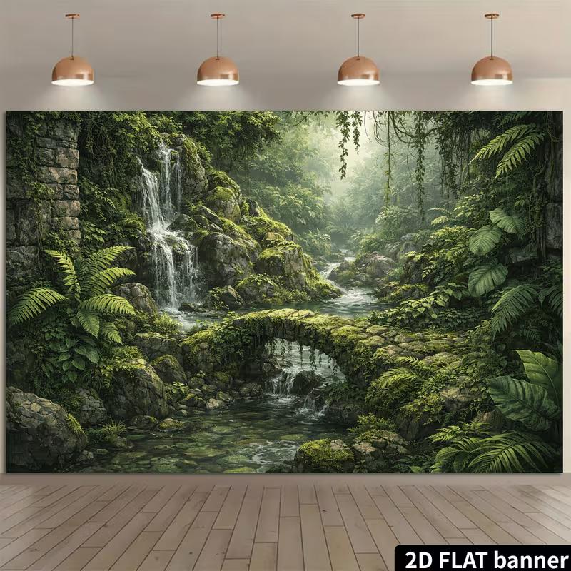 Enchanted Rainforest Mural with Waterfall and Ancient Stone Archway