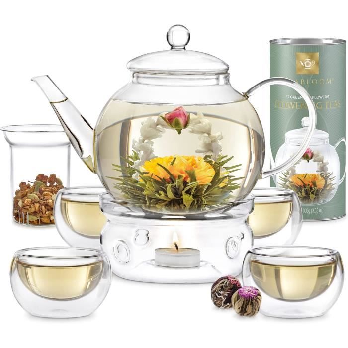 Set de Thé - Teabloom - Théière en Verre 1,2 L - 4 Tasses Isolées - Infuseur en Verre - Chauffe-thé