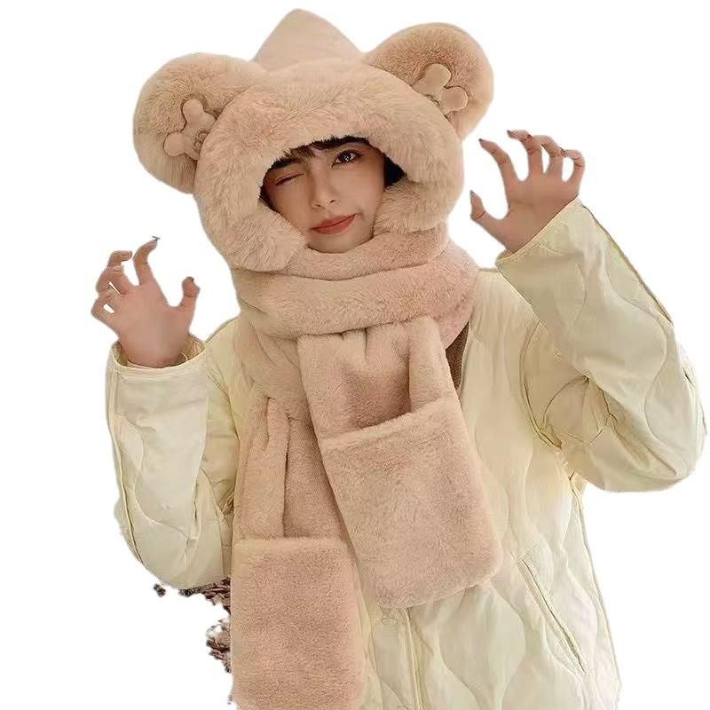 Bear hat, gloves, scarf, three-piece set, thickened plush warm and versatile scarf, outdoor cycling and cold-proof integrated hat.