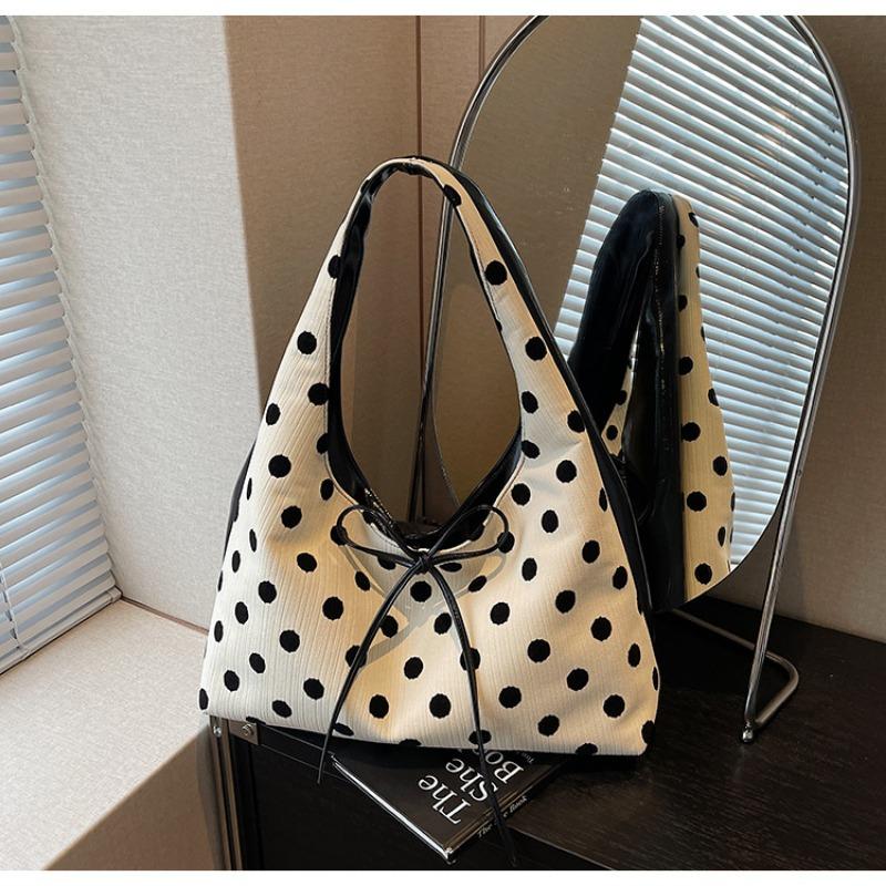 

Холщовая сумка в горошек женская новая сумка-тоут большой вместимости портативная сумка-корзина для овощей сумка-подмышка для通勤 чёрный