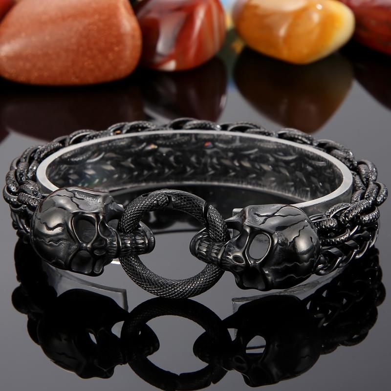 Cooles Skelett-Totenkopf-Armband für Männer aus poliertem Edelstahl, 13 mm breite Doppelgliederkette, Herrenarmbänder, Punk-Gothic-Schmuck