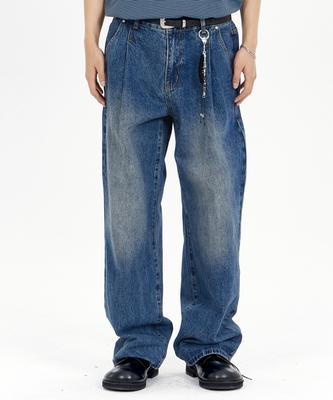 BY.L Washed Single-Pleat Wide Denim Pants Indigo Blue