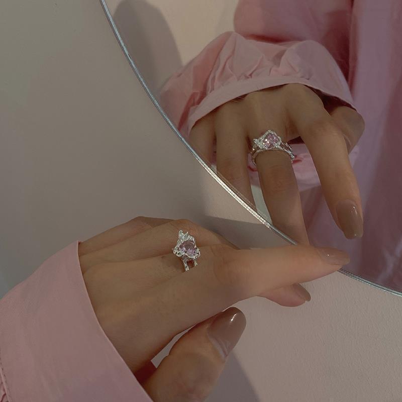 Bague Ouverte Double Couche Tendance Zircon Rose Amour